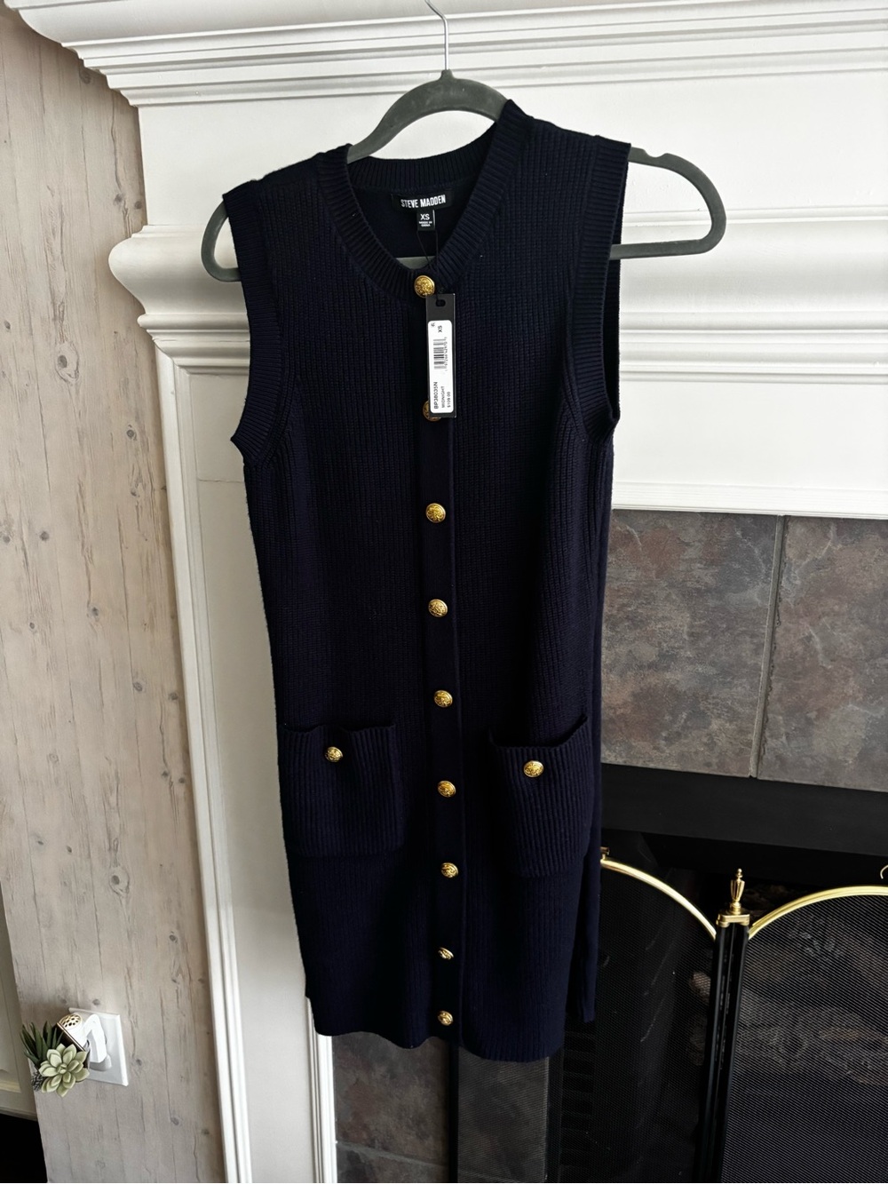 Steve Madden Navy Sleeveless Midi Knit Dress with Gold Buttons